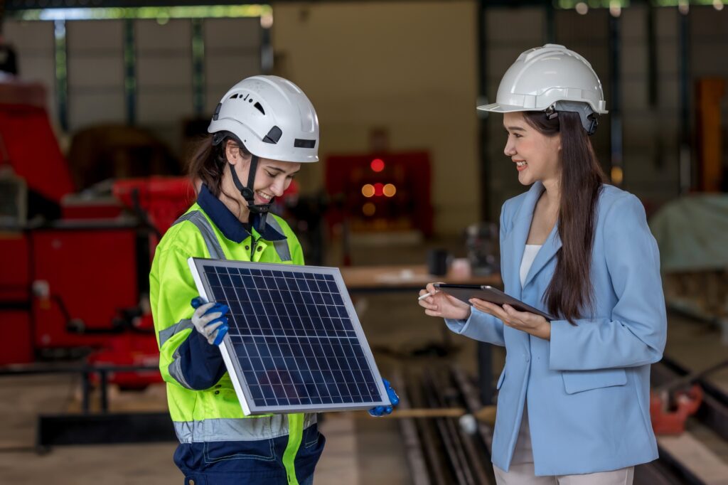 Business person meeting on solar cell panel technology.