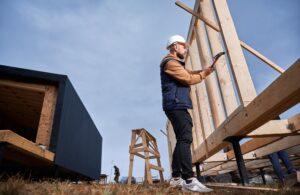 Man worker hammering while building wooden frame house.